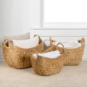Nellie Farmhouse Classic Handwoven Hyacinth Storage Boat Baskets with Handles (Set of 3)